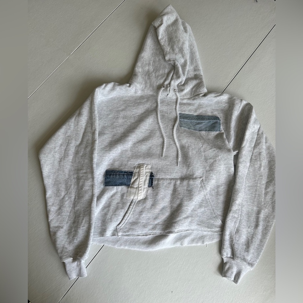 Unemployed Denim Gray Cropped Hooded Sweatshirt w/ Denim Patches